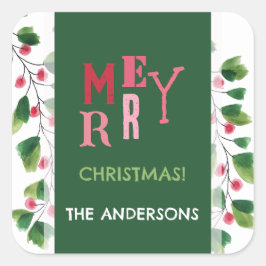 Frohe Weihnachtsrot und grüne Wasserfarbe Quadratischer Aufkleber