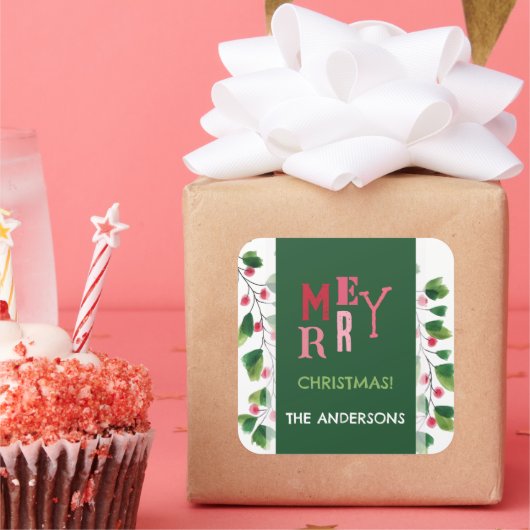 Frohe Weihnachtsrot und grüne Wasserfarbe Quadratischer Aufkleber (Party)