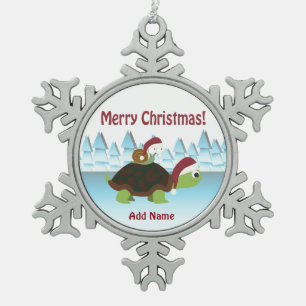 Frohe Weihnachtsschildkröte und Schnecke Schneeflocken Zinn-Ornament