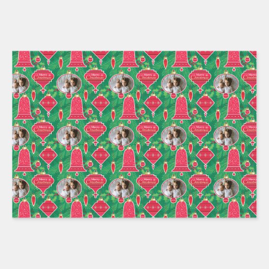 Frohe Weihnachtsschmuck Foto Geschenkpapier Set (Vorderseite)