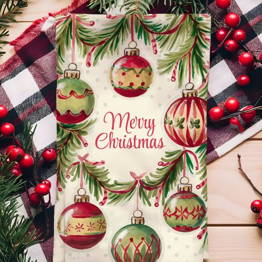 Frohe Weihnachtsschmuck und Kiefernzweige Geschirrtuch