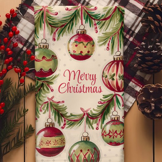 Frohe Weihnachtsschmuck und Kiefernzweige Geschirrtuch