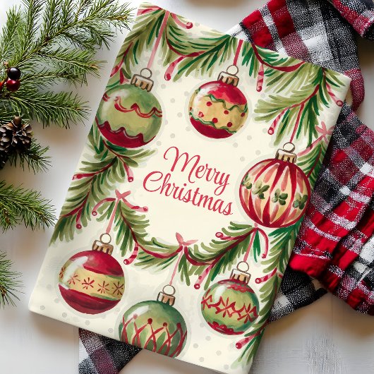 Frohe Weihnachtsschmuck und Kiefernzweige Geschirrtuch