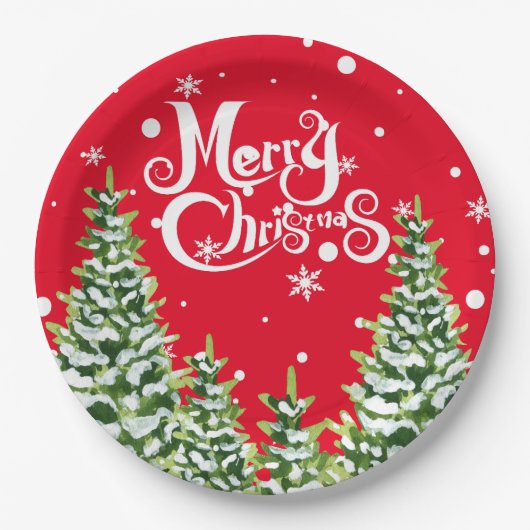 Frohe Weihnachtsschnee Bäume Weihnachtspapier Plat Pappteller (Vorderseite)