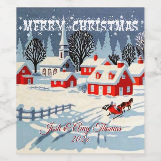 Frohe Weihnachtsschnee bedeckte Dorfkirche Weinetikett (Einzelnes Label)