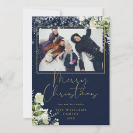 Frohe Weihnachtsschnee Blütengold und blaues Foto Feiertagskarte