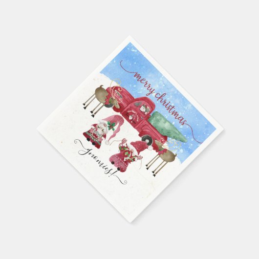 Frohe Weihnachtsschnee Gnome Red Truck Tree Farm Serviette (Ecke)
