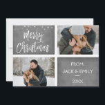 Frohe Weihnachtsschnee oder Snowflake Foto-Karte Feiertagskarte<br><div class="desc">Frohe Weihnachts Karkohle Gray Hand Schreiben Script zwei Foto-Karte. Foto und Text dieses handgeschriebenen Pinselskripts können mit Ihrem Foto und Namen aktualisiert und angepasst werden. Diese Karte zeigt auch Ihren Namen auf der Rückseite der Weihnachtskarte an.</div>