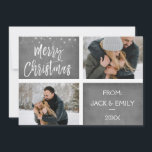 Frohe Weihnachtsschnee oder Snowflake Foto-Karte Feiertagskarte<br><div class="desc">Frohe Weihnachts Karkohle Gray Hand Schreiben Script zwei Foto-Karte. Foto und Text dieses handgeschriebenen Pinselskripts können mit Ihrem Foto und Namen aktualisiert und angepasst werden. Diese Karte zeigt auch Ihren Namen auf der Rückseite der Weihnachtskarte an.</div>