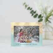 Frohe Weihnachtsschnee Rose Gold Aqua Foto Glitzer Postkarte (Stehend Vorderseite)