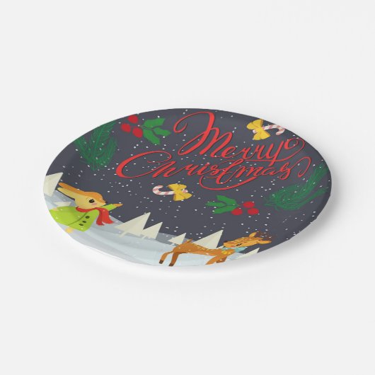 Frohe Weihnachtsschnee und Holly Pappteller (Schrägansicht)