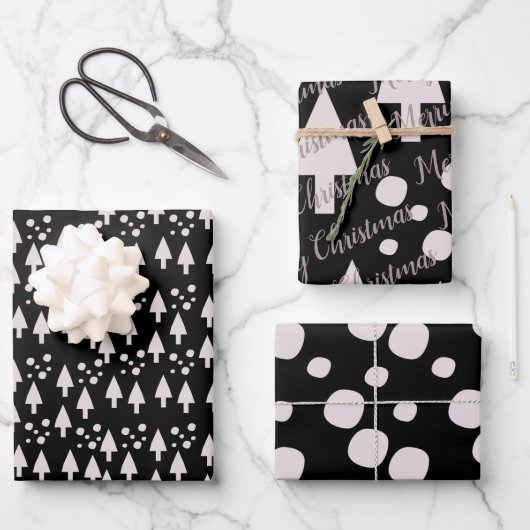 Frohe Weihnachtsschneebälle Bäume Schwarz Pink Mus Geschenkpapier Set (Vorderseite)