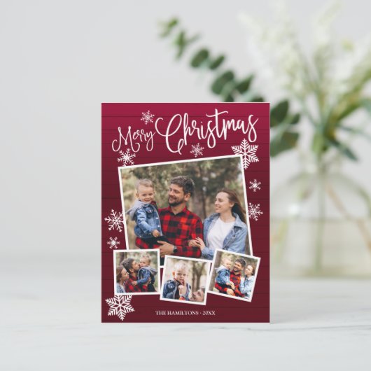 Frohe Weihnachtsschneeflocke Rustikale 4 Fotos Postkarte (Stehend Vorderseite)