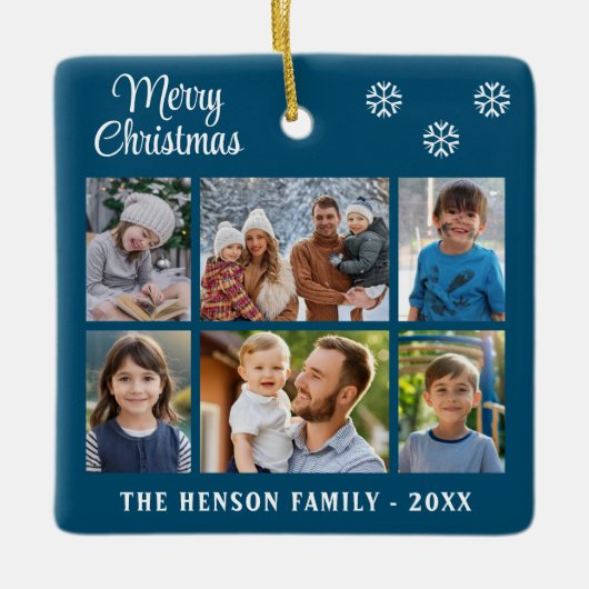 Frohe Weihnachtsschneeflocken Familie 6 FotoCollag Keramikornament (Vorderseite)