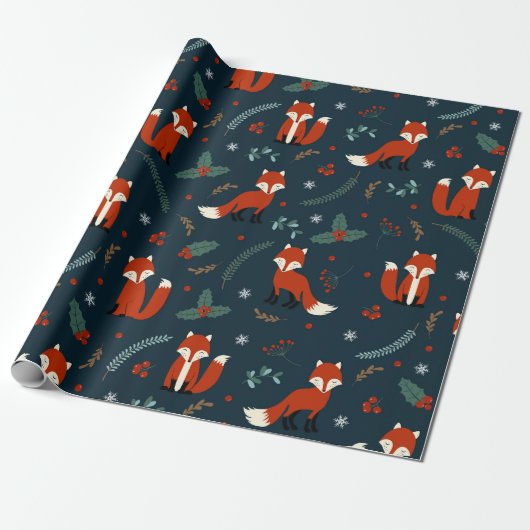 Frohe Weihnachtsschneeflocken Fox Holly Blue Red Geschenkpapier (Ungerollt)
