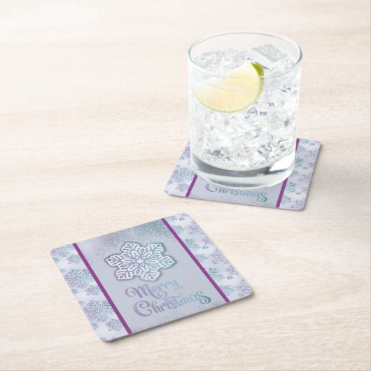 Frohe Weihnachtsschneeflocken Iridescent Blue Lila Rechteckiger Pappuntersetzer (Vor Ort)