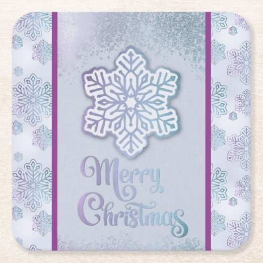 Frohe Weihnachtsschneeflocken Iridescent Blue Lila Rechteckiger Pappuntersetzer (Vorderseite)
