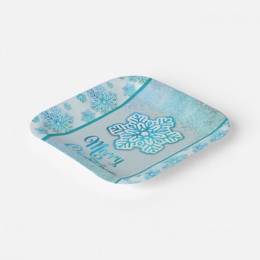 Frohe Weihnachtsschneeflocken Iridescent Blue Pappteller (Gewinkelt)