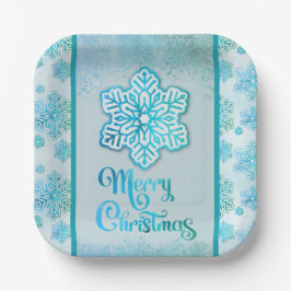Frohe Weihnachtsschneeflocken Iridescent Blue Pappteller