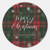 Frohe Weihnachtsschneeflocken Kariertes Script Cus Runder Aufkleber (Vorderseite)