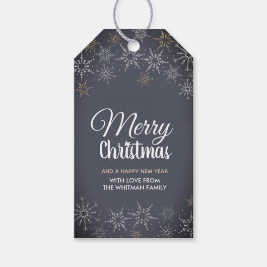 Frohe Weihnachtsschneeflocken Schiefergraue Holzko Geschenkanhänger (Vorderseite)