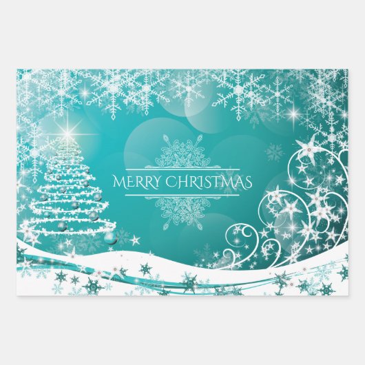 Frohe Weihnachtsschneeflocken Tree Blume & Stars Geschenkpapier Set (Vorderseite 2)