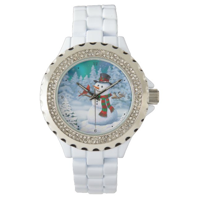 Frohe Weihnachtsschneemann & Birds Winterlandschaf Armbanduhr (Vorderseite)