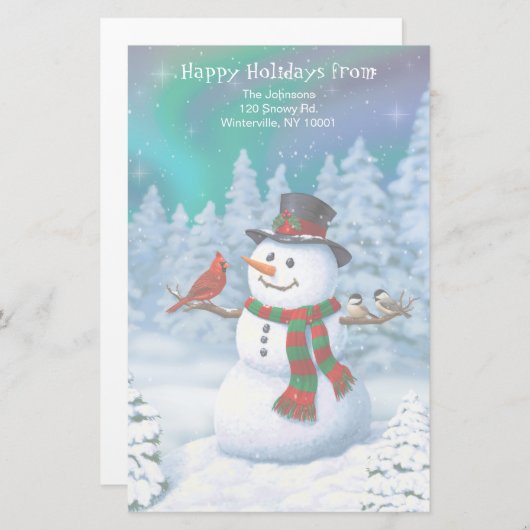 Frohe Weihnachtsschneemann & Birds Winterlandschaf Briefpapier (Vorne/Hinten)