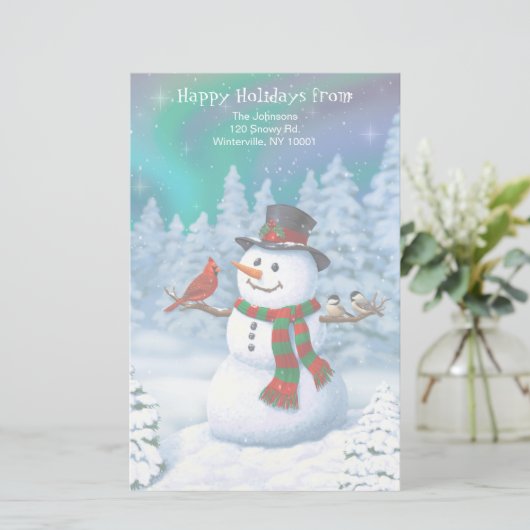 Frohe Weihnachtsschneemann & Birds Winterlandschaf Briefpapier (Stehend Vorderseite)