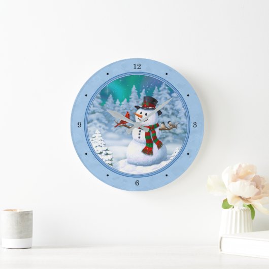 Frohe Weihnachtsschneemann & Birds Winterlandschaf Große Wanduhr (Zuhause)