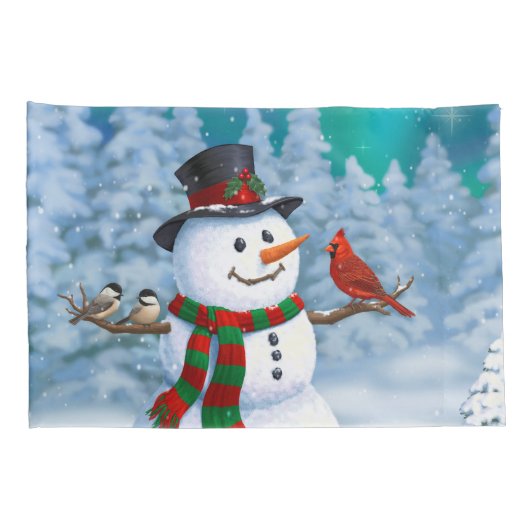Frohe Weihnachtsschneemann & Birds Winterlandschaf Kissenbezug (Rückseite-Rechts)
