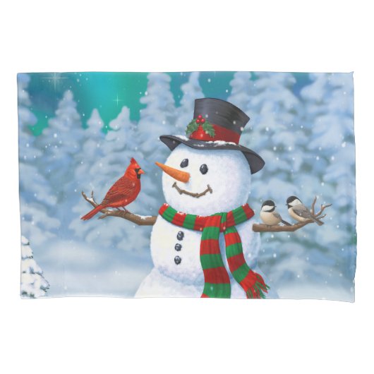 Frohe Weihnachtsschneemann & Birds Winterlandschaf Kissenbezug (Vorderseite-Links)