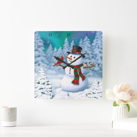 Frohe Weihnachtsschneemann & Birds Winterlandschaf Quadratische Wanduhr (Zuhause)