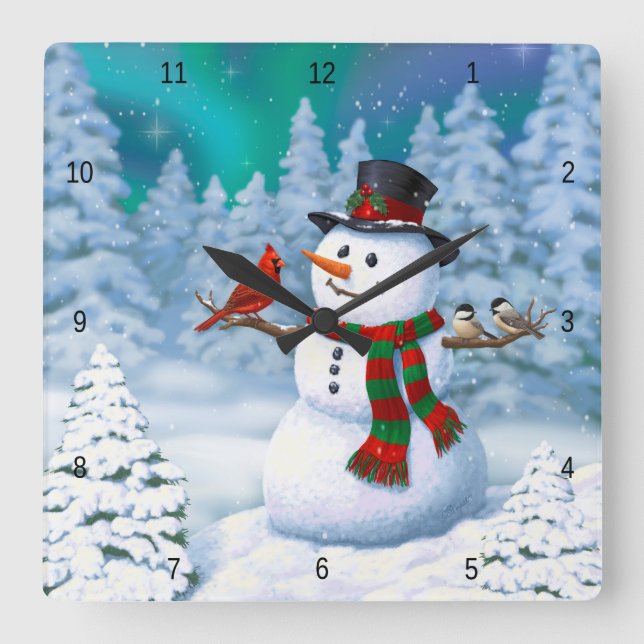 Frohe Weihnachtsschneemann & Birds Winterlandschaf Quadratische Wanduhr (Vorderseite)