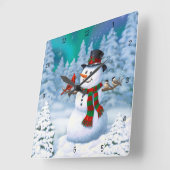 Frohe Weihnachtsschneemann & Birds Winterlandschaf Quadratische Wanduhr (Winkel)