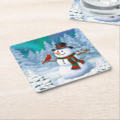 Frohe Weihnachtsschneemann & Birds Winterlandschaf Rechteckiger Pappuntersetzer (angewinkelt)