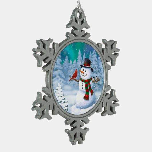 Frohe Weihnachtsschneemann & Birds Winterlandschaf Schneeflocken Zinn-Ornament (Links)