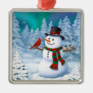 Frohe Weihnachtsschneemann & Birds Winterlandschaf Silbernes Ornament