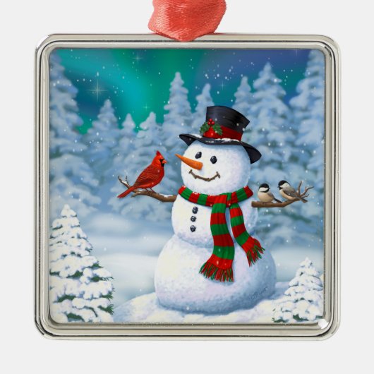 Frohe Weihnachtsschneemann & Birds Winterlandschaf Silbernes Ornament (Vorne)