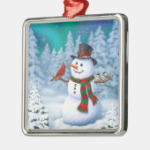 Frohe Weihnachtsschneemann & Birds Winterlandschaf Silbernes Ornament (Links)