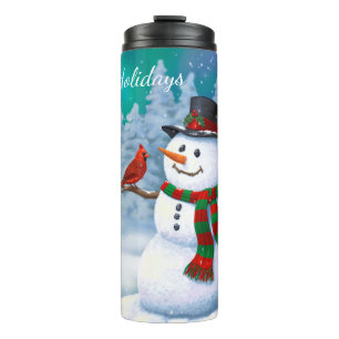 Frohe Weihnachtsschneemann & Birds Winterlandschaf Thermosbecher
