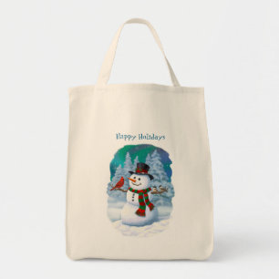 Frohe Weihnachtsschneemann & Birds Winterlandschaf Tragetasche