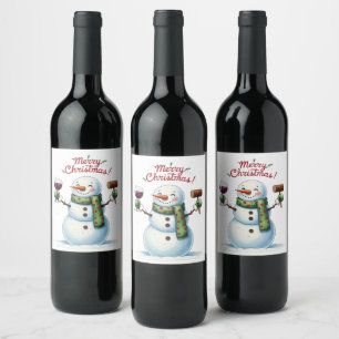 Frohe Weihnachtsschneemännchen trinken Weinetikett