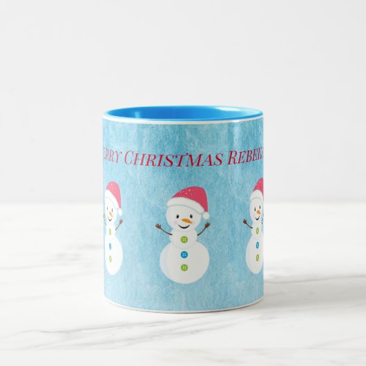 Frohe Weihnachtsschneemänner Individuelle Name Tex Zweifarbige Tasse (Mittel)