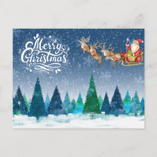 Frohe Weihnachtsschneewälder und Santa in Sleigh Feiertagspostkarte