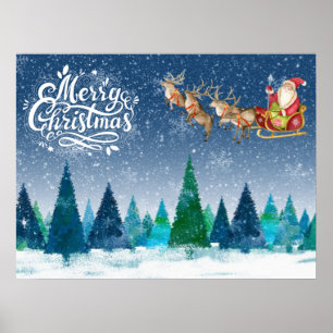 Frohe Weihnachtsschneewälder und Santa in Sleigh Poster