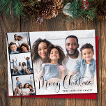 Frohe Weihnachtsschrift 4 Foto Feiertagskarte<br><div class="desc">Moderne Urlaubskarte mit Ihrem Foto überlagert mit einem filmartigen Streifen aus drei kleinen quadratischen Fotos,  "Frohe Weihnachten" in einem schicken Drehbuch und Ihrem Namen in einfacher Typografie.</div>