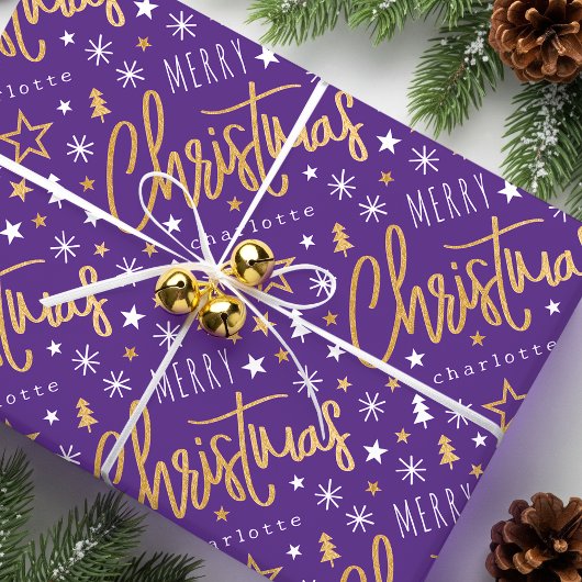 Frohe Weihnachtsschrift Custom Lila Imitats Gold Geschenkpapier