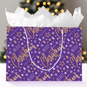 Frohe Weihnachtsschrift Custom Lila Imitats Gold Große Geschenktüte