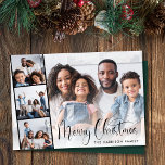 Frohe Weihnachtsschrift Foto Strip Feiertagskarte<br><div class="desc">Moderne Ferienwohnung-Karte mit Ihrem Foto überlagert mit einem Streifen von drei kleineren quadratischen Fotos,  "Frohe Weihnachten" in einem schicken Skript und Ihren Namen in einfacher Typografie.</div>